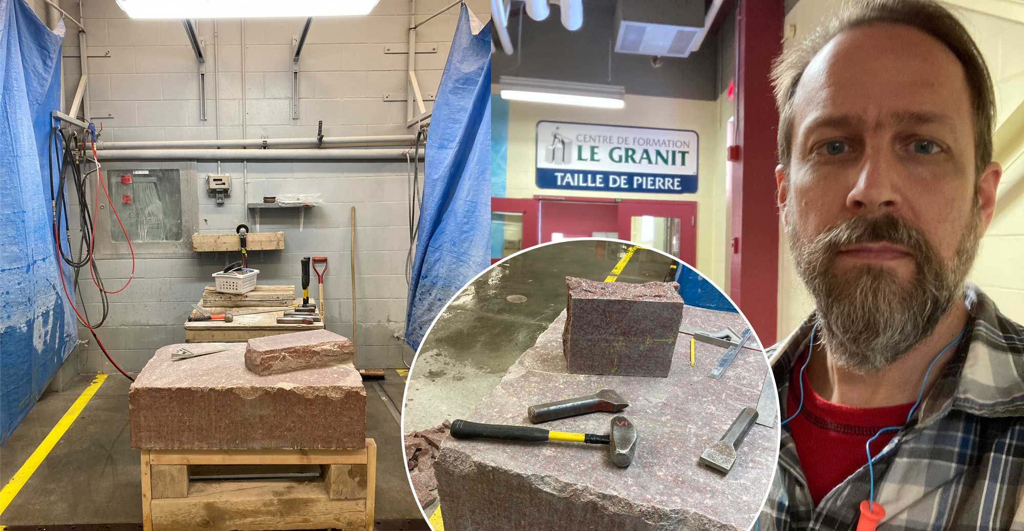 My workspace at the stonemasonry school, CFP Le Granit, using a chasse & traceur to cut straight edges on granite.